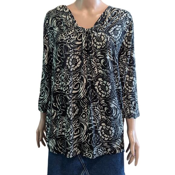 Talbots Size 1X (marked 3X) Black Cream Floral Workwear Classic Stretch Top - Picture 1 of 8